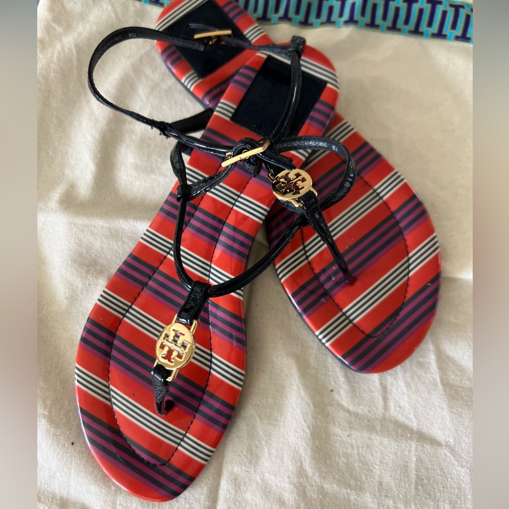 Tory Burch Emmy Navy T-Strap Leather Sandals